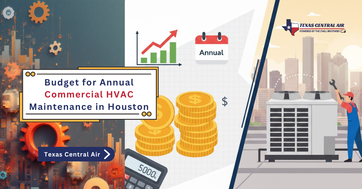 Graphic promoting annual budgeting for commercial HVAC maintenance in Houston, featuring charts, coins, and an HVAC unit.
