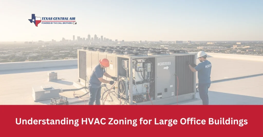 Infographic on HVAC zoning for large office buildings, detailing areas for temperature regulation and comfort optimization.
