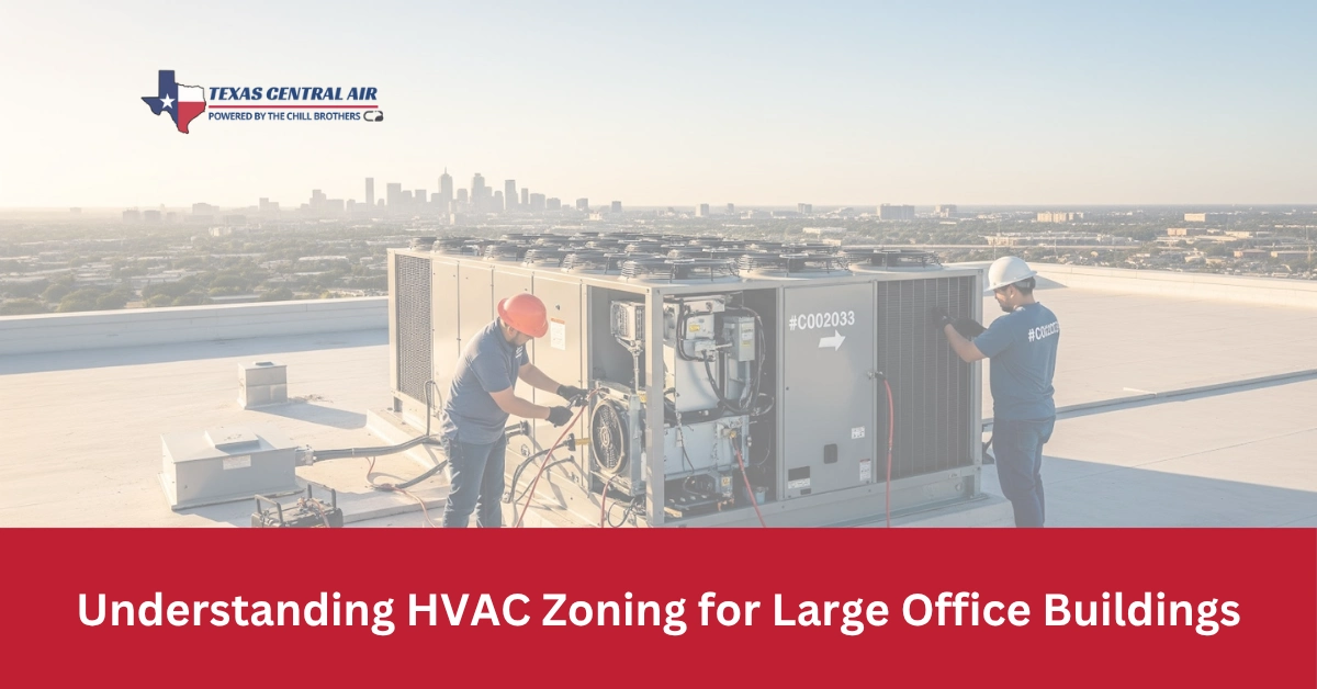 Infographic on HVAC zoning for large office buildings, detailing areas for temperature regulation and comfort optimization.