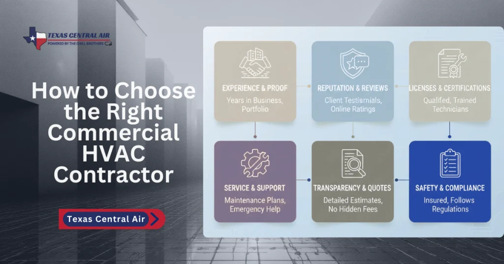 Infographic titled "How to Choose the Right Commercial HVAC Contractor," outlining key factors like experience, reputation, and compliance.