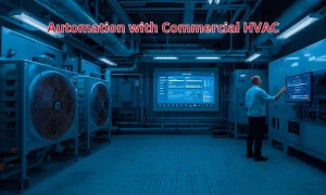 A technician monitors large HVAC units and digital control panels in a dimly lit industrial setting, showcasing automation technology.
